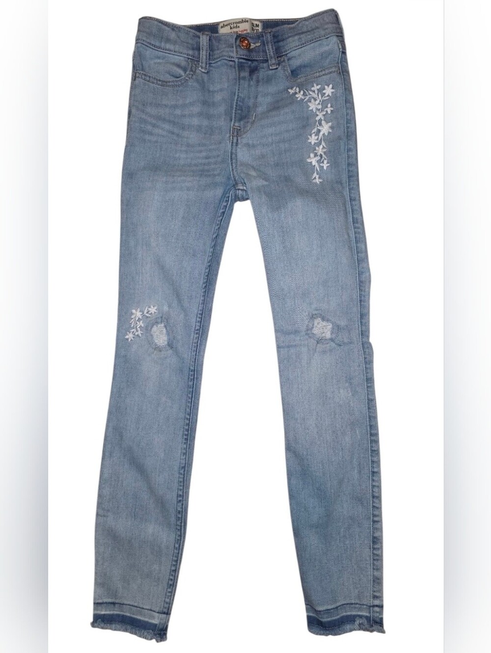 Embroidered White Floral Light Blue Skinny Jeans with Stretch Sz 9/10